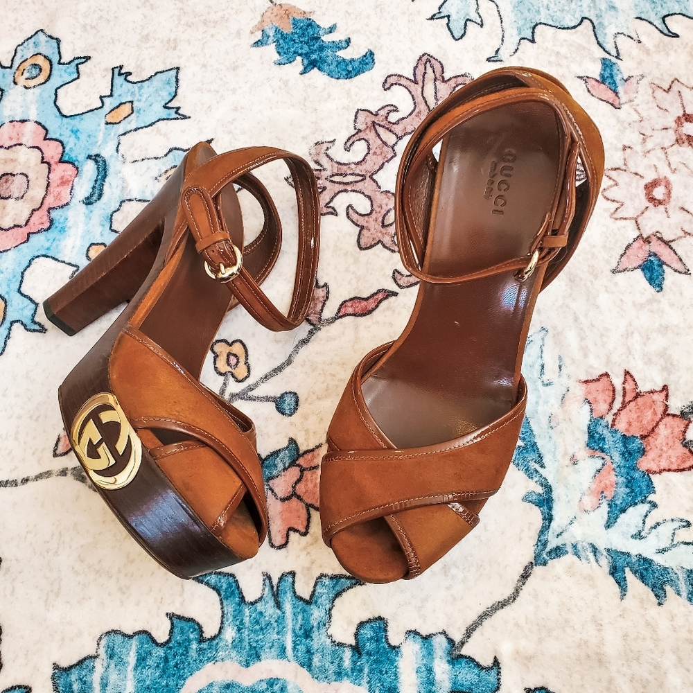 Gucci Brown Suede Grease Cross Strap Platform Heels With Block Heels